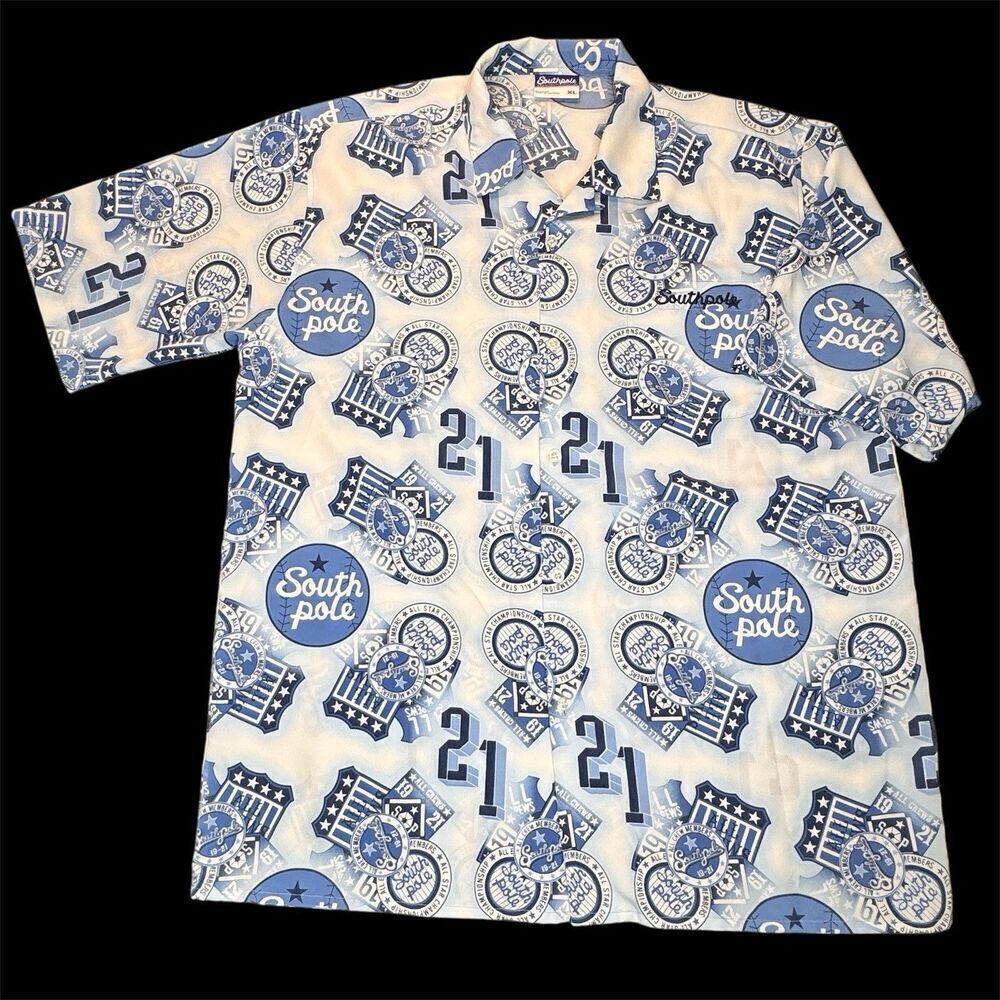 Southpole Shirt Mens XL Blue Polo All Over Y2k Grunge Punk AOP Dress Collar Logo
